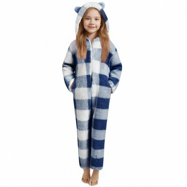 Combinaison à Manches Longues pour Filles, Combinaison à Capuche à Carreaux à Manches Longues, Tenue de Nuit Décontractée d'Hiver avec Chaleur, Rouge, Manches Longues