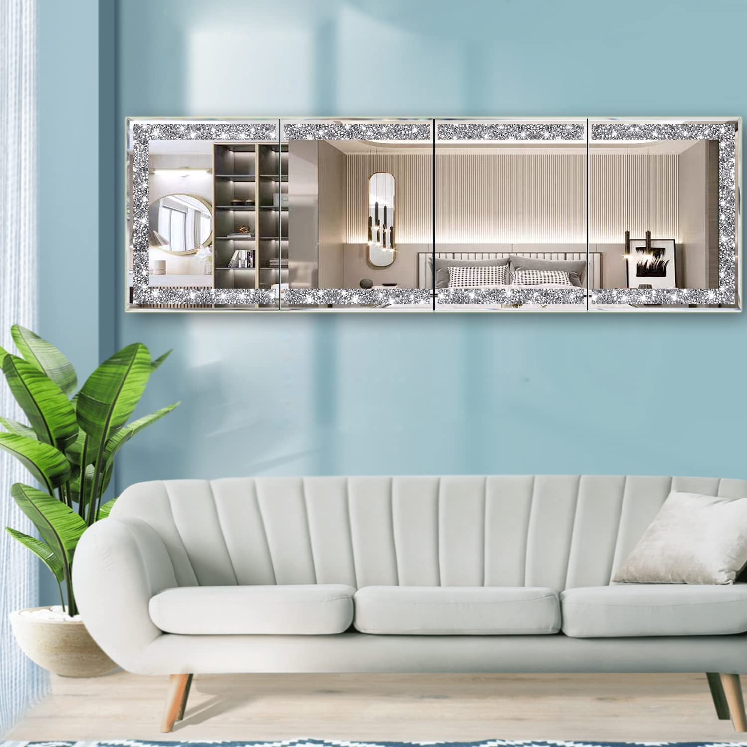 Full Length Mirror Tiles,Crystal Crush Diamond Full Body Wall Mirror,14''x11'' 4PCS Glass Frameless Make Up Mirror for Home Decor,Room Decor,Wall Decor.