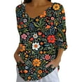 thumbnail image 2 of Endives Women's Shirts Elegant Retro Art Print V Neck Loose Mid Length Sleeve Womens Top Blouse, 2 of 6