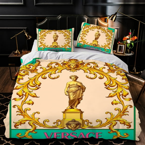 Luxurious 3-Piece Duvet Cover Set with Ornate Gold and Teal Classical Pattern Elegant Bedding for Bedrooms