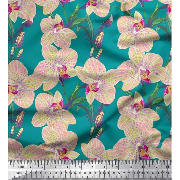 Soimoi Polyester Crepe Fabric Leaves & Orchids Floral Print Fabric by The Yard 42 Inch Wide