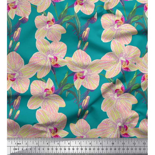 Soimoi Modal Satin Fabric Leaves & Orchids Floral Print Fabric by Yard 42 Inch Wide