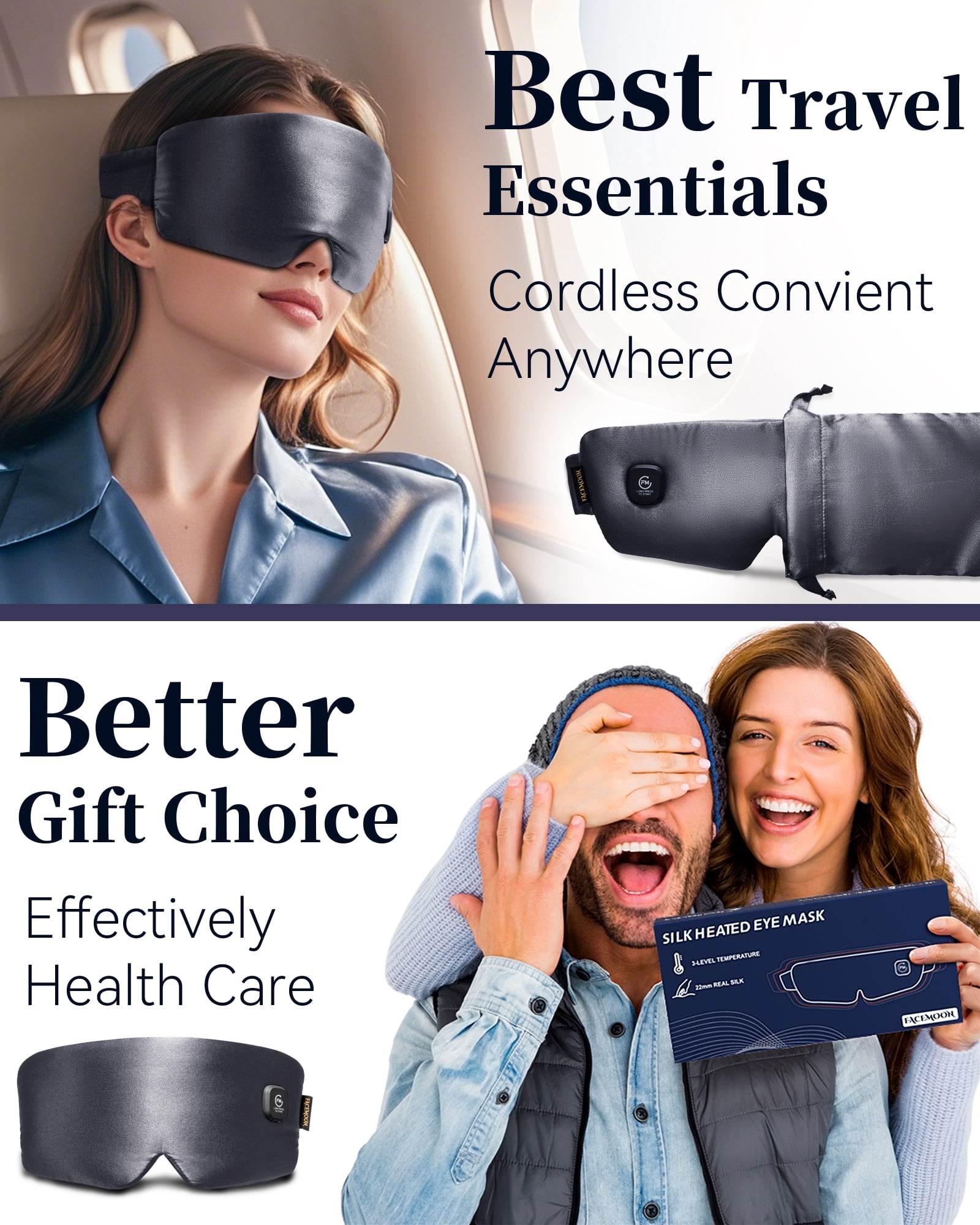 FACEMOON Cordless Warm Eye Mask Silk Comfort for Dry Eyes Relief Rechargeable Moist Heat Therapy Washable Night Comfort Black