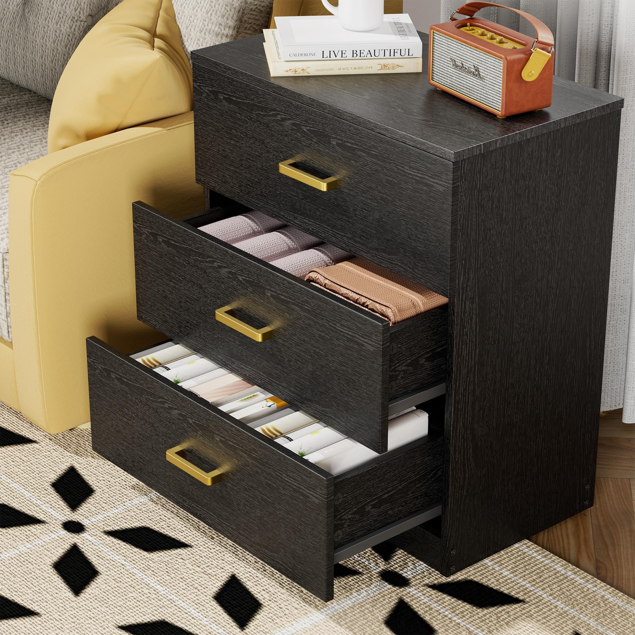 UHOMEPRO Nightstand, Modern 3 Drawer Nightstand, Black Nightstand with Gold Handle, Wooden Side Table Storage Cabinet Unit for Bedroom/Living Room/Small Space