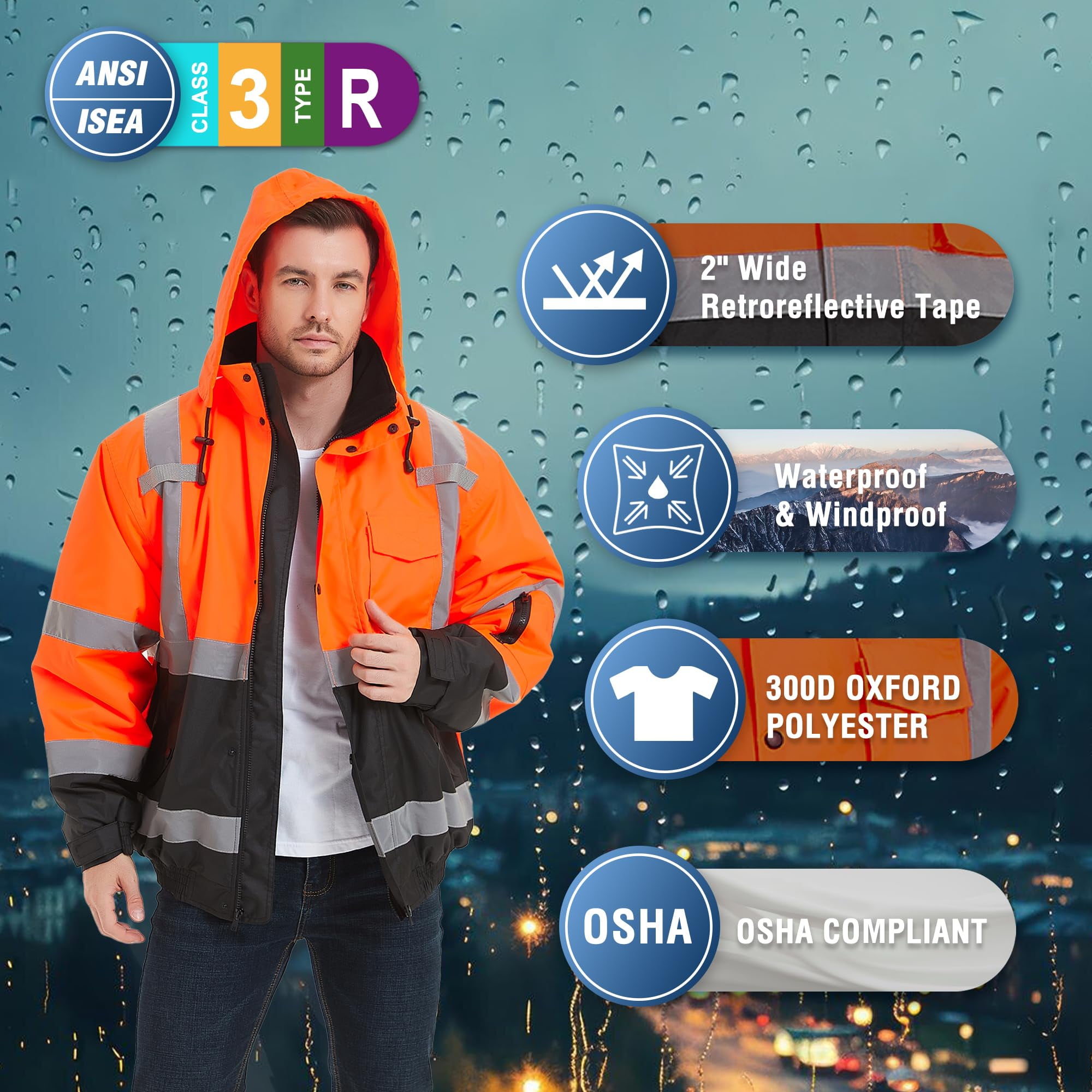 ProtectX High Visibility Safety Waterproof Bomber Jacket for Women Men, Hi Vis Reflective Winter Construction Jacket, Class 3, Orange, 2X-Large