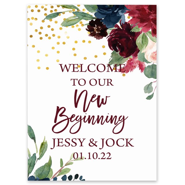 Darling Souvenir MADE WITH LOVE Personalized Welcome Sign/ Banner, Welcome To Our New Beginning Custom Watercolor flower Wedding, Engagement Party Sign - 18x12