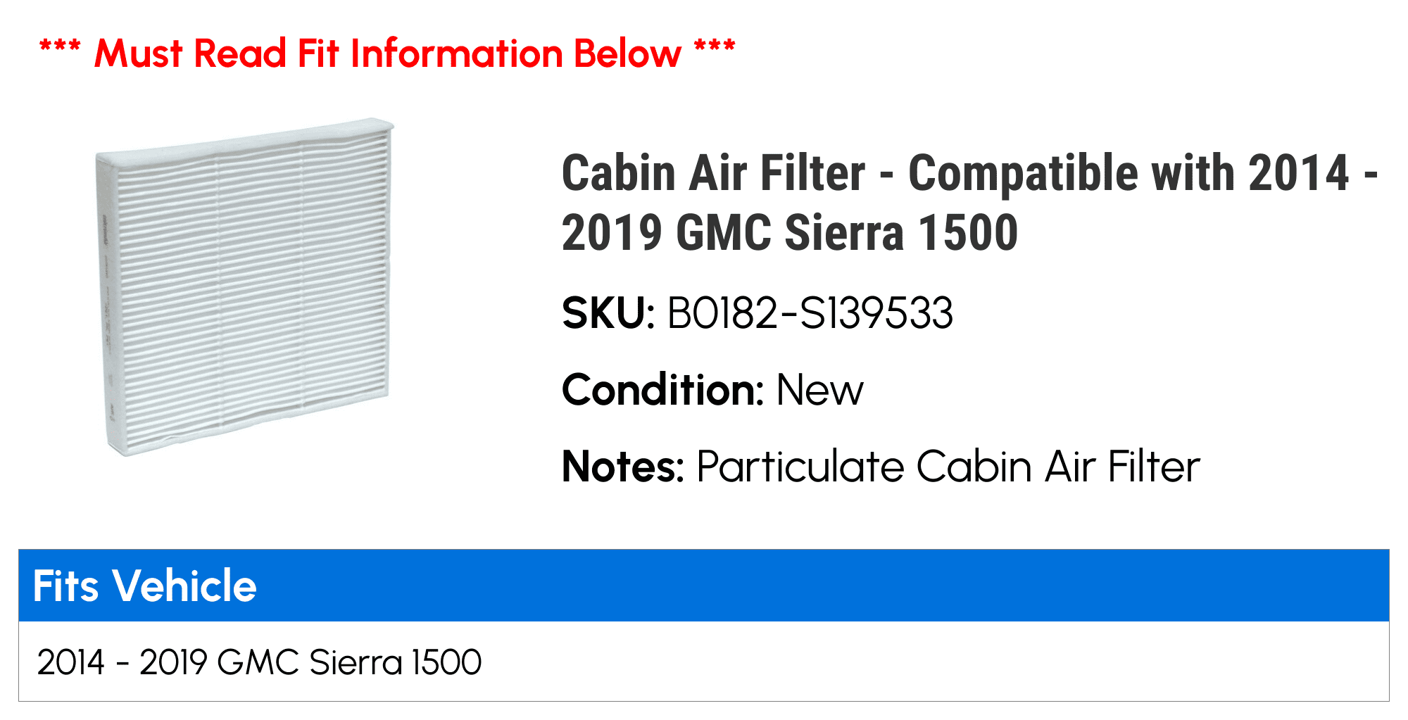 Cabin Air Filter - Compatible with 2014 - 2019 GMC Sierra 1500 2015 2016 2017 2018