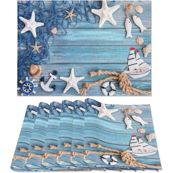 Blue Placemats Set of 6, Summer Nautical Theme Starfish Shell Fishnet Non Slip Heat Resistant Linen Fabric Cloth Place Mats, Washable Holiday Party Dining Table Mats for Coastal Home Kitchen Decor