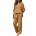 thumbnail image 2 of Mifsaly Linen 2 Piece Set for Women V Neck Short Sleeve Loose Tops and Flowy Wide Leg Trousers with Pockets Lightweight Casual Office Vacation Matching Outfits Khaki,XXL, 2 of 7