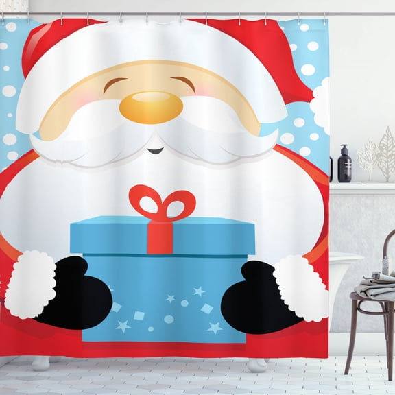 Ambesonne Christmas Shower Curtain, Happy Santa with Gift, 69"Wx70"L, Sky Blue and Vermilion