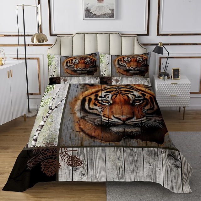 Erosebridal African Tiger Coverlet Set Twin, Botanical Birch Tree Bedding Set, Old Barn Door Decor 2pcs