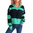 thumbnail image 2 of Women Fall V Neck Sweater Color Block Long Sleeve Shirt Casual Loose Striped Pullover Sweaters Green L, 2 of 9