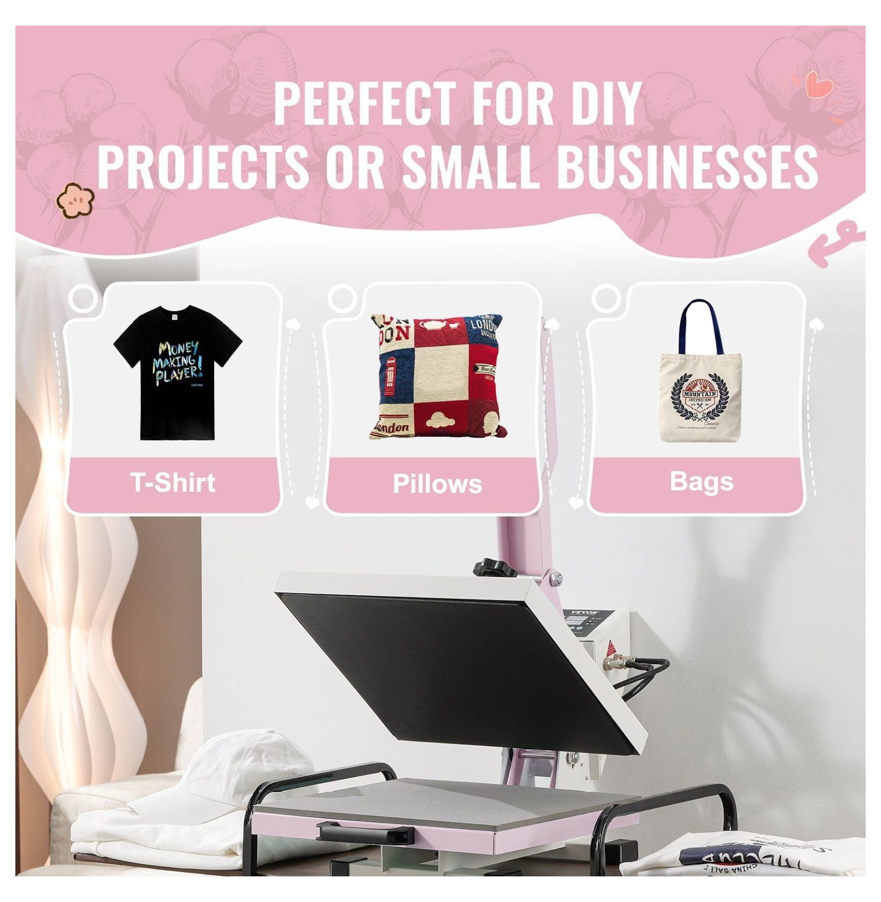 Heat Press Machine 15x15 Pink Slide Out Transfer Press for T-Shirts, Pillowcases, DIY Crafts with Digital Control