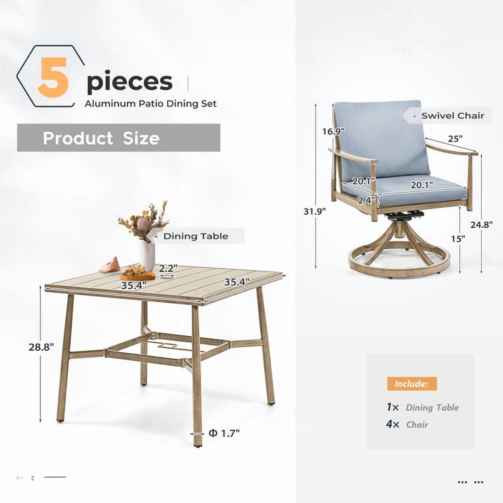 5-Piece Outdoor Dining Set for 4, Aluminum Patio Dining Set Includes 1 Large Square Table with Umbrella Hole & 4 Swivel Dining Chairs