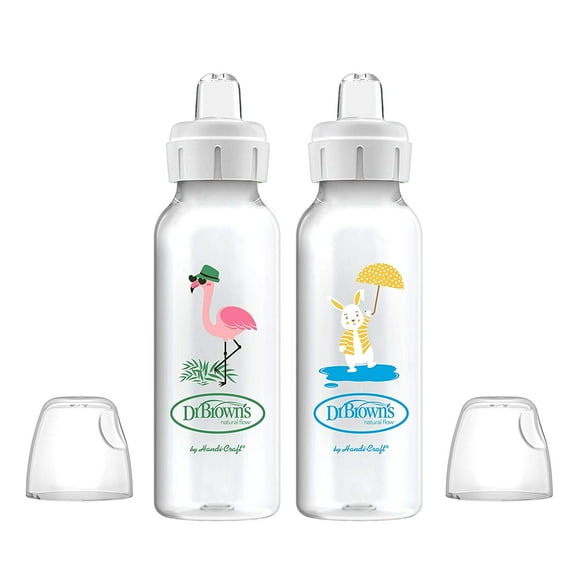 Dr. Brown's Milestones Narrow Sippy Bottle, 100% Silicone Spout, 8oz, Flamingo/Bunny, 6m+, 2 Pack