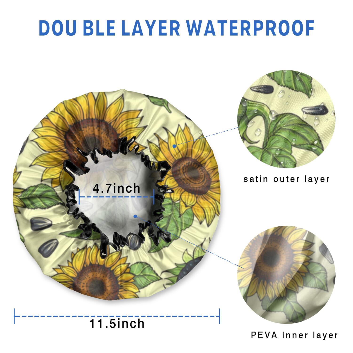 Shower Caps,Yellow Sunflower Seed Pattern Waterproof Shower Cap for Women 4 Pieces,Double Reusable Hair Cover for Shower PEVA Elastic Stretch Hem