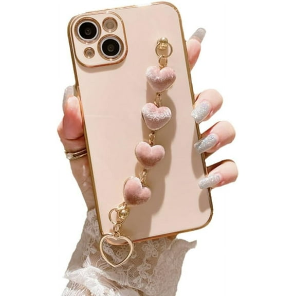 Designed for iPhone Case,Luxury Electroplated Silicone with Love Heart Hand Bracelet Shockproof Protective Cover Phone Case (iPhone 12,Pink)