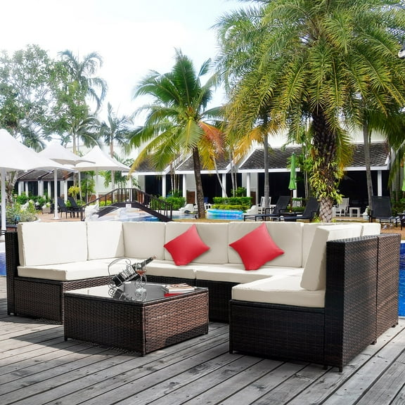 Wicker Patio Sets on Clearance for Outdoor Furniture, 2019 Upgrade 7-Piece Conversation Furniture Set w/2 Corner Sofa, Tempered Glass Table, 4 Single Sofa, 12 Padded Cushions, 2 Pillows, White, S5164