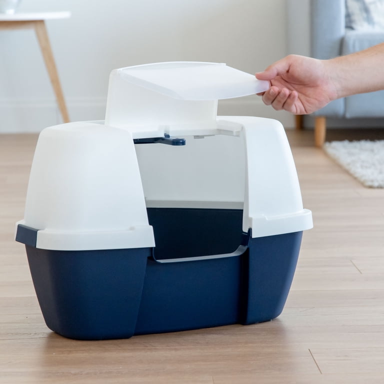 Large Enclosed Corner Cat Litter Box with Lid, Navy/White photo 6