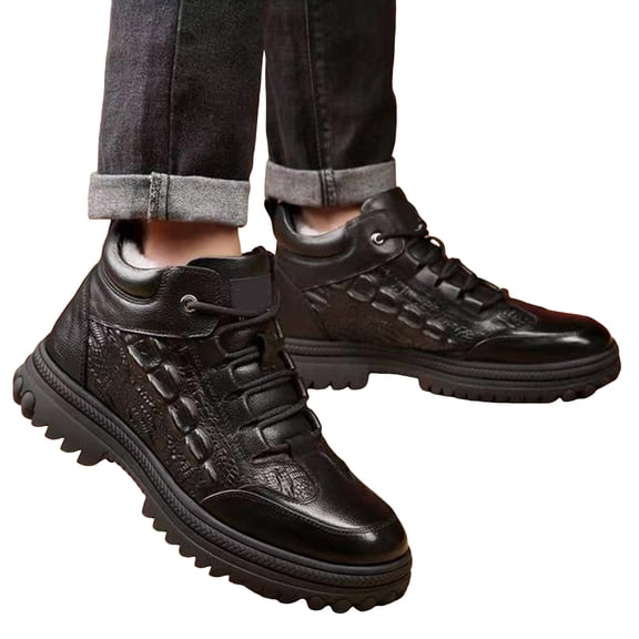 Mens Boots Retro Splice Leather Waterproof Work Dress Booties Warm Furry Lined Antislip Lug Sole Lace up Winter Ankle Boots Black Size 10