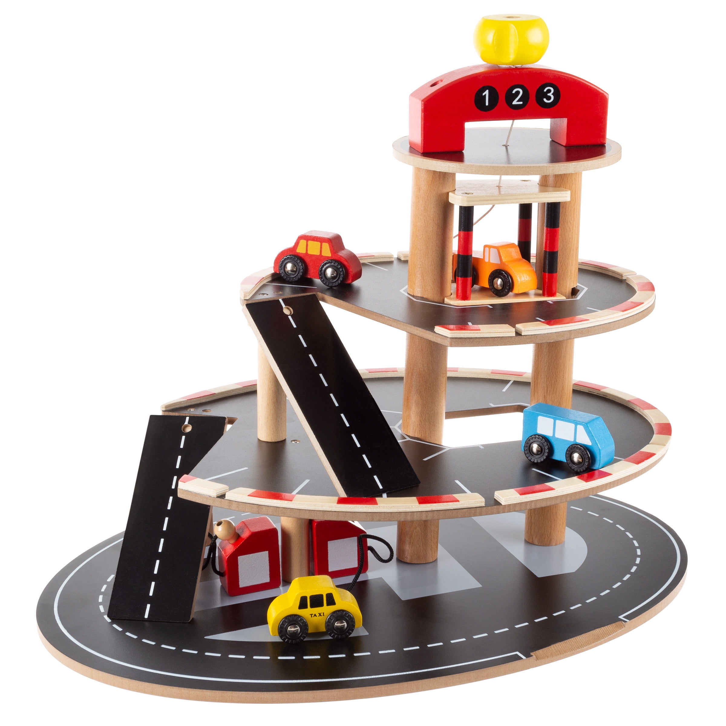 Gas Station Ticket Booth ToyKraft Wooden Garage 3 Level Story Car Service Station Deluxe City Play Toy Set Car Wash Vehicles Ramps Helicopter Pad Parking Garage 