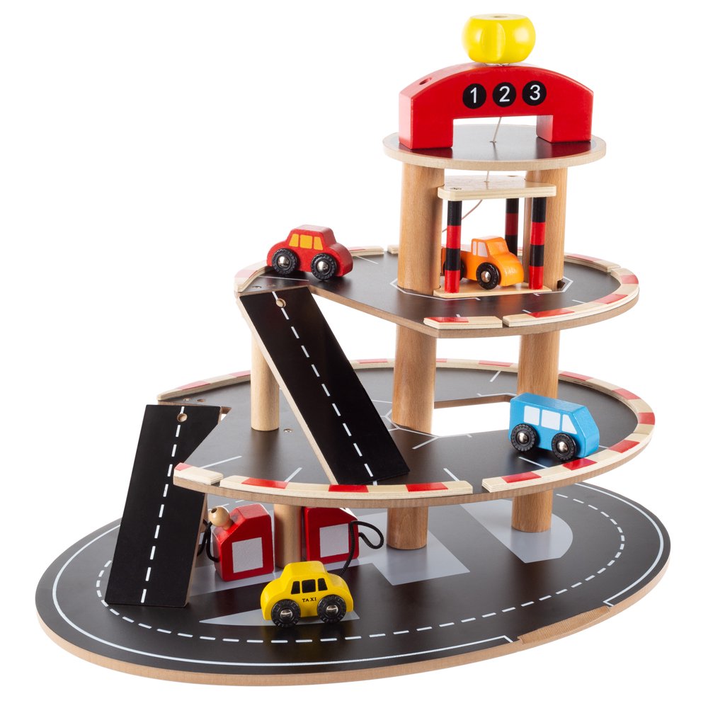 Parking Garage Toy3 Level Wooden Service Station PlaysetWorking Elevator Lift, Ramps, 2 Gas