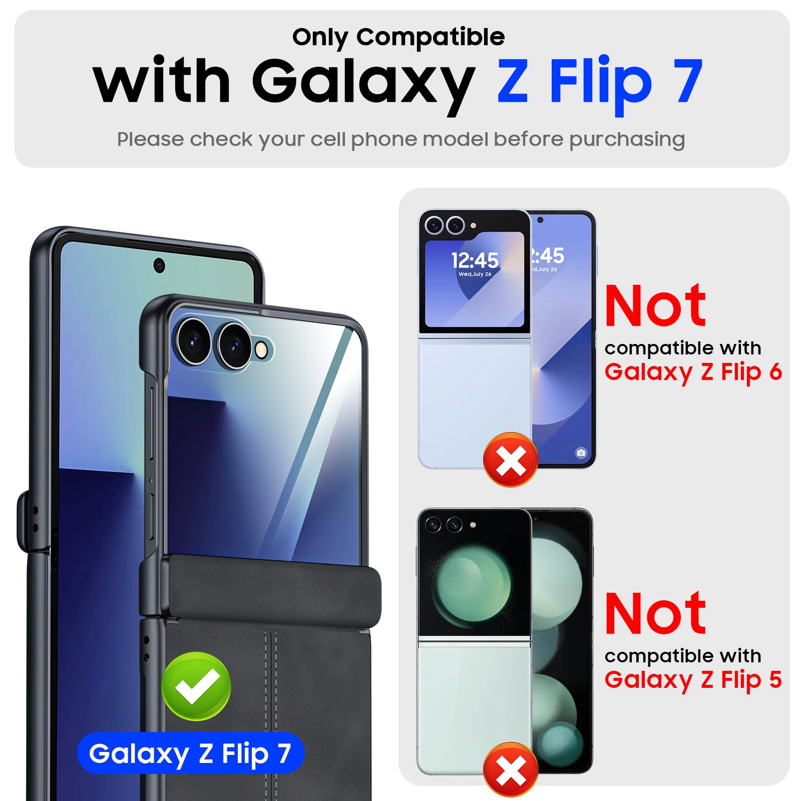 Vizvera for Samsung Galaxy Z Flip 7 Phone Case,with Screen Protector,Hinge Protection,Wireless Charging,Ultra Thin Leather PC Shockproof Case-Black