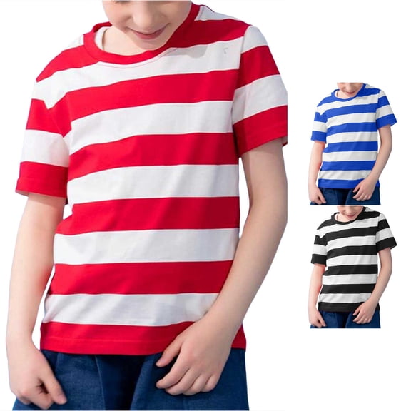 FINALGANG Boys Kids Crew Neck Short Sleeve Wide Horizontal Stripe Print Regular Fit Basic Casual TShirt For Daily Home Relax Wear Outdoor Play Summer Daily Outings Versatile Top Red 11-13 Years