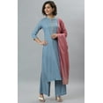 thumbnail image 3 of Janasya Indian Mandarin Collar 3/4 Sleeve Solid Blue Rayon Kurta With Palazzo and Dupatta For Women, 3 of 8