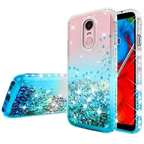 with Compatible for LG Escape Plus Case Arena 2 /Tribute Royal/Journey LTE /K30 2019 Case Diamond Quicksand Cover Cute Girl Women Phone Case Teal on Pink Tempered Glass Screen Protector 