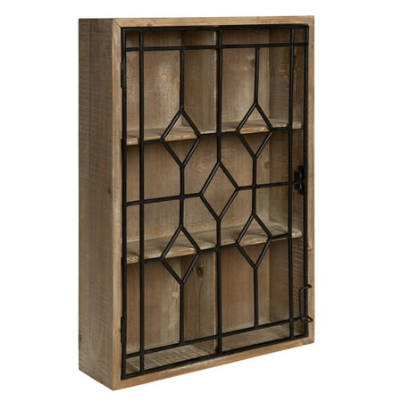 kate and laurel - megara wooden wall hanging curio cabinet for open storage  with decorative black iron door, rustic brown