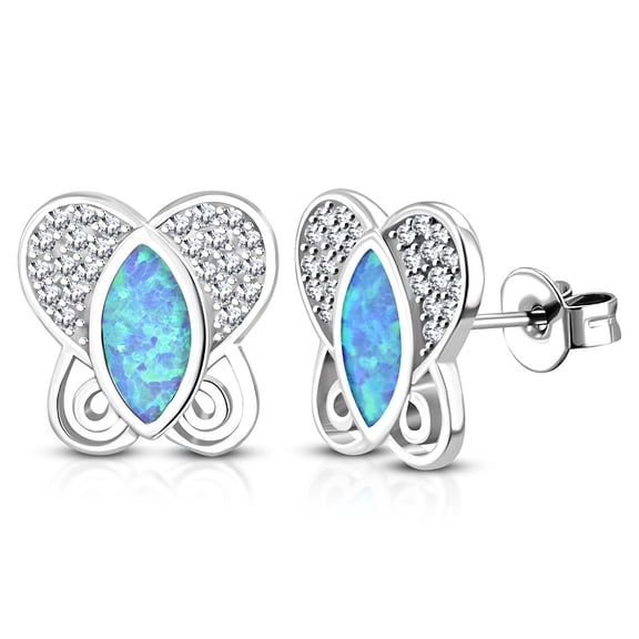 925 Sterling Silver White Clear CZ Blue Simulated Opal Butterfly Stud Earrings, 0.45"