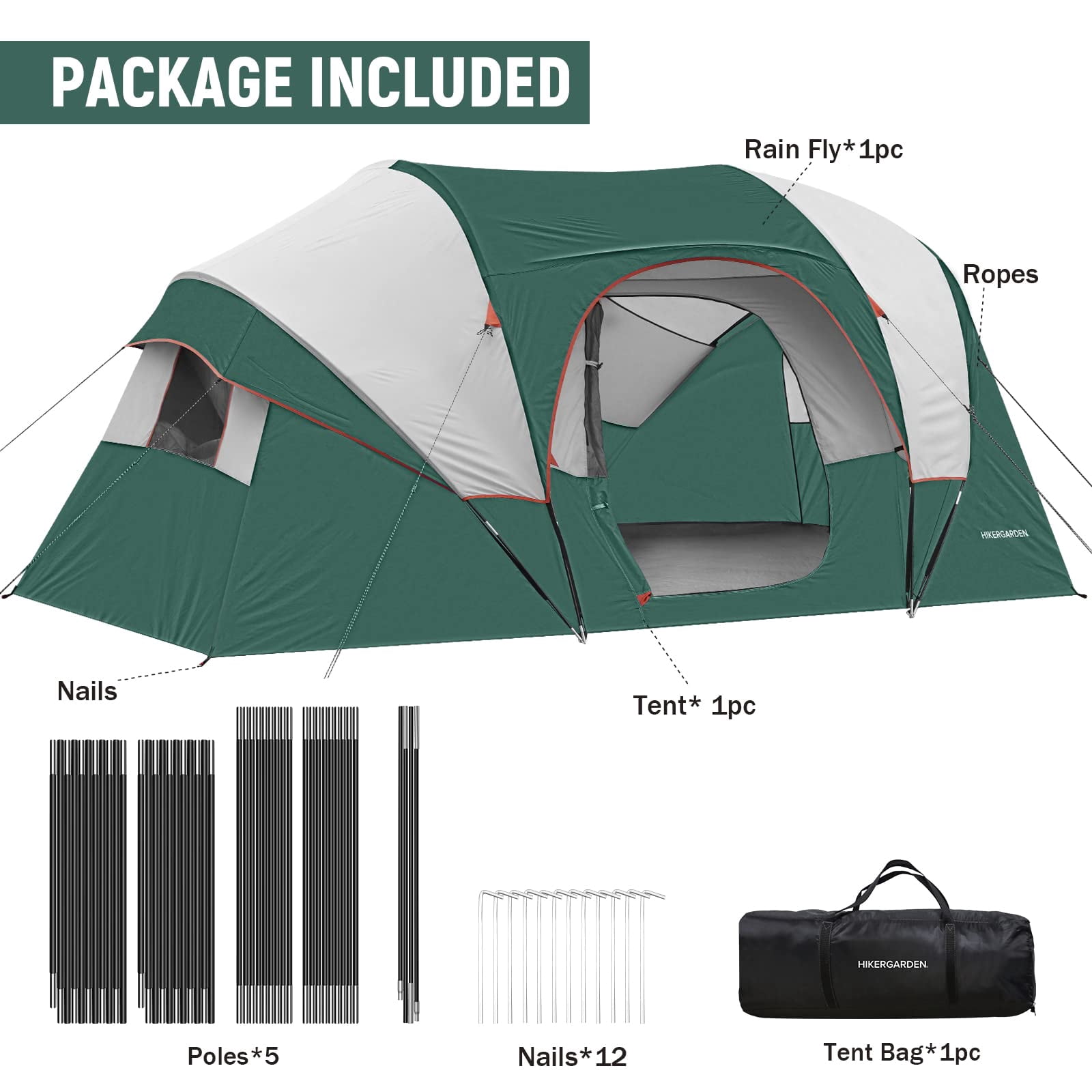 Hikergarden 10 Person Camping Tent - Portable Easy Set Up Family For Camp  Windproof Fabric Dome Outdoor Hiking Backpacking Traveling-14'x11'x74in(h)