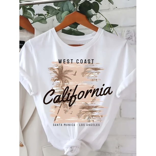Girl's West Coast California Graphic T-Shirt - Black Crew Neck Short Sleeve Top with Palm Tree & Beach Letter Print Beach T Shirt, Durable Print Shirt, Comfortable Material, Vacation Style