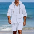 thumbnail image 2 of Casual Spring Outfits for Men 2 Piece Linen Long Sleeve Hoodie Button Down with Pocket and Matching Shorts Set Size 3XL White, 2 of 9