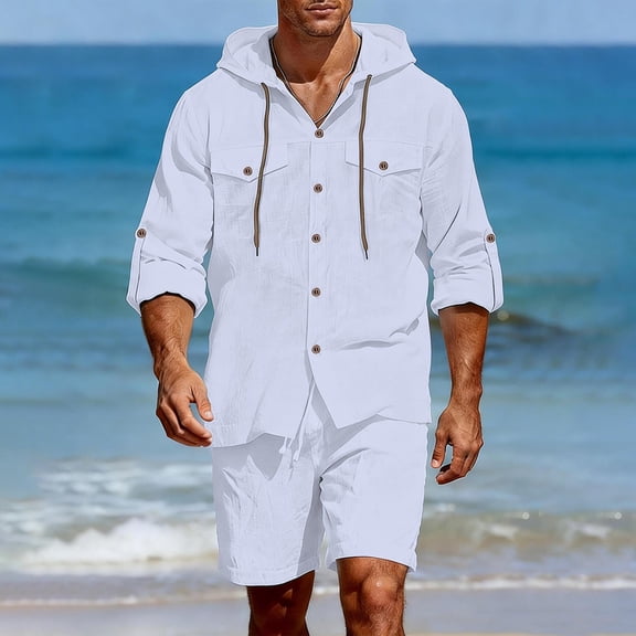 Gamivast 2 Piece Linen Set for Men Long Sleeve Hooded Button Down Shirt and Drawstring Shorts Set Breathable Lightweight Casual Summer Beach Sweatsuit