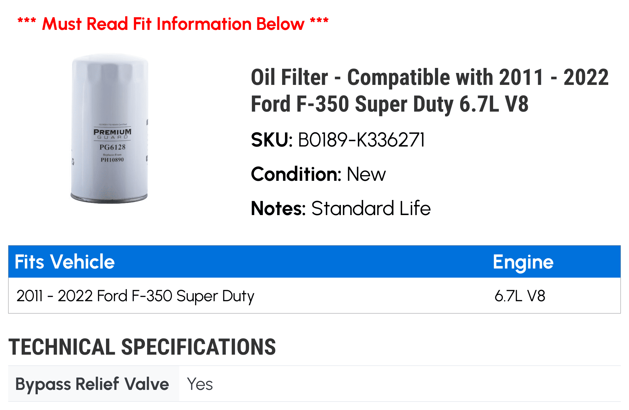 Oil Filter - Compatible with 2011 - 2022 Ford F-350 Super Duty 6.7L V8 2012 2013 2014 2015 2016 2017 2018 2019 2020 2021