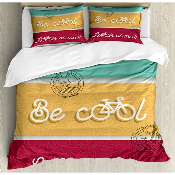 Saying Duvet Cover Set Queen Size, Motivation Text Words with Bike Outline Elements and Line Art Colorful, Decorative 3 Piece Bedding Set with 2 Pillow Shams, Multicolor, by Ambesonne