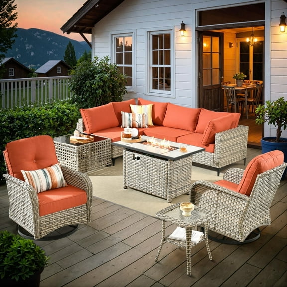 Ovios Outdoor Furniture 9 Pieces Patio Conversation Set with 42" Gas Fire Pit All-Weather Rattan Wicker Outdoor Sectionals with Swivel Gliding Chair and Solar Glowing Table for Backyard