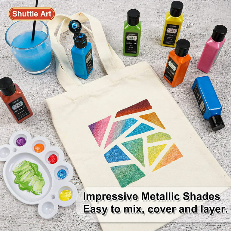 Metallic Fabric Paint, Shuttle Art 18 Metallic Colors Permanent Soft Fabric  Paint in Bottles (60ml/2oz) with Brush and Stencils, Non-Toxic Textile  Paint for T-shirts, Shoes, Jeans, Bags & DIY Projects 