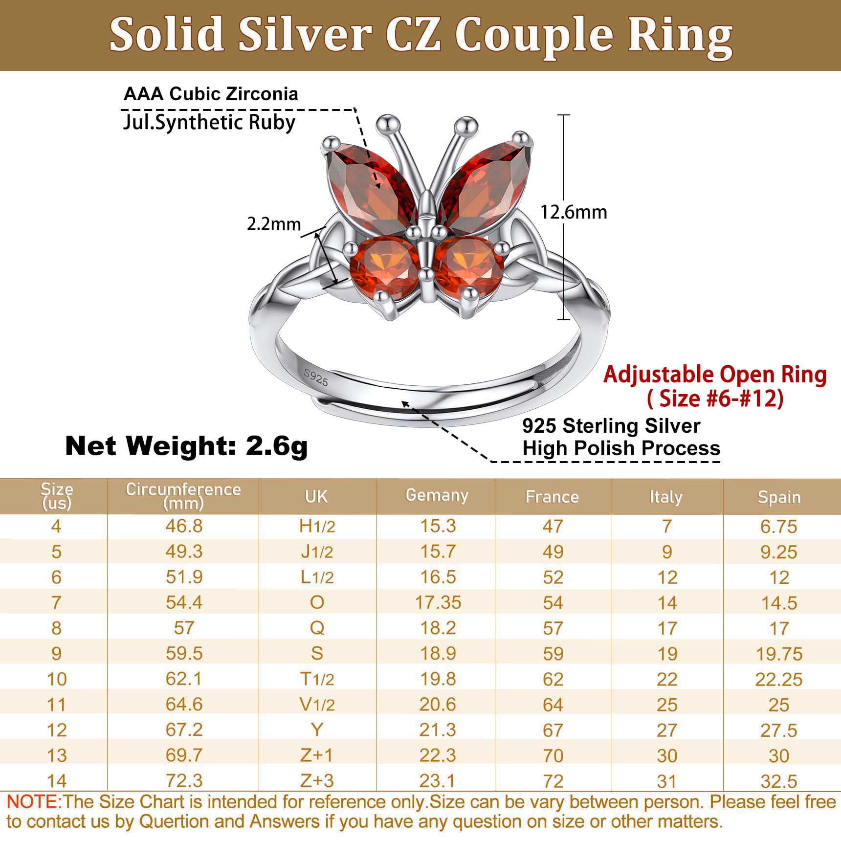 Bestyle Pure S925 Sterling Silver Butterfly Rings, July Ruby Birthstone Adjustable Open Band Ring Jewelry Gift Birthday Mother's Day Christmas