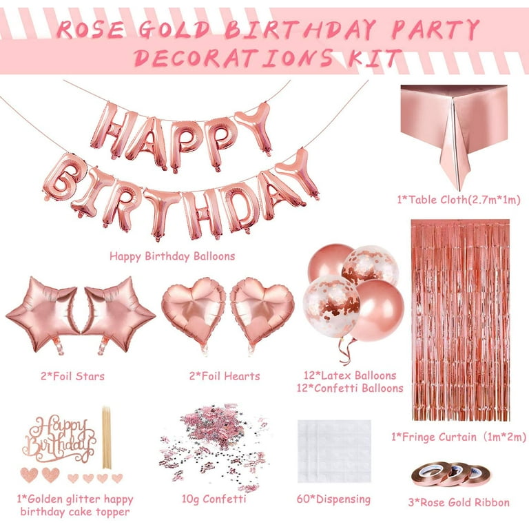 Rose Gold Birthday Party Decoration, Happy Birthday Banner, Rose