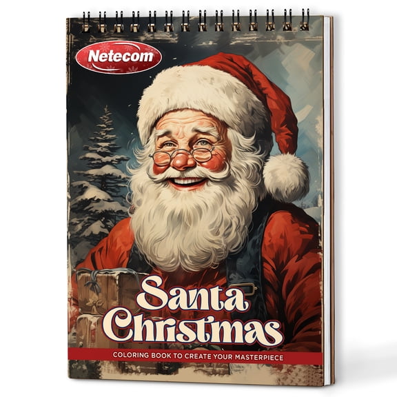 Netecom Santa Christmas Coloring Book Spiral Bound for Adults, A5 Wooden Cover, 30 Delightful Coloring Pages of Santa Claus in Festive Scenes for Stress Relief and Relaxation