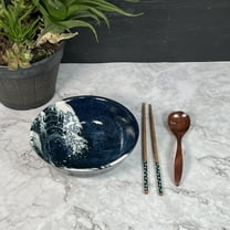 Oriental Wave Design Blue Ceramic Big Soup Ramen Bowl, Serving Bowl, Salad Bowl, Soup Bowl, 7.5 inches wide, 28 fl oz