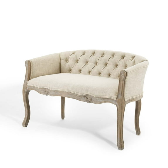 French Vintage Loveseat Sofa, Fabric, Wood, Beige, Modern Contemporary Urban Design, Living Lounge Room Hotel Lobby Hospitality