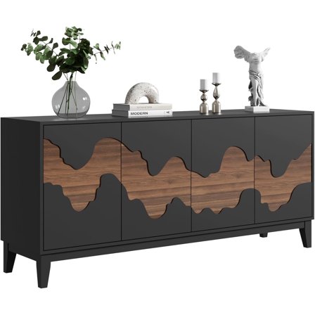 Anbuy Modern 4 Door 63'' Sideboard Buffet Cabinet with Brown Water Stream Patterns Design - Versatile Storage Solution for Kitchen, Living Room, Coffee Bar (Black and Brown)