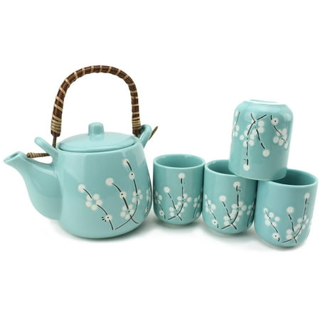 5 PC Japanese Teapot set with Tea Cups ~ Japanese Antique Light Blue Flowers Design and Filter Gift / Birthday gift / Kitchen / Teapot / idea for