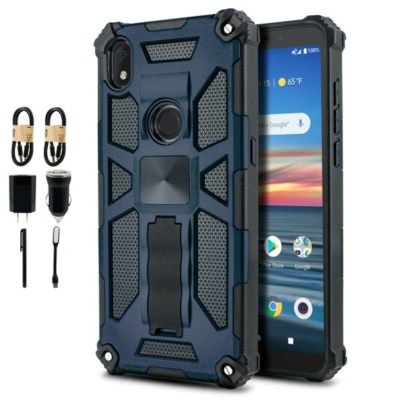 Value Pack for Alcatel Lumos (DALN5023) Axel (5002R) with Tempered Glass Hybrid Phone Case Magnet Mount Ready Grip Grids Kickstand Slim Shock Bumper Cover