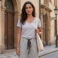 thumbnail image 6 of Nestiefly Womens Faux Linen Striped Barrel Pants Comfy Drawstring Capri Pant with Pockets Summer Beach Vacation Lounge Trousers Black L, 6 of 8
