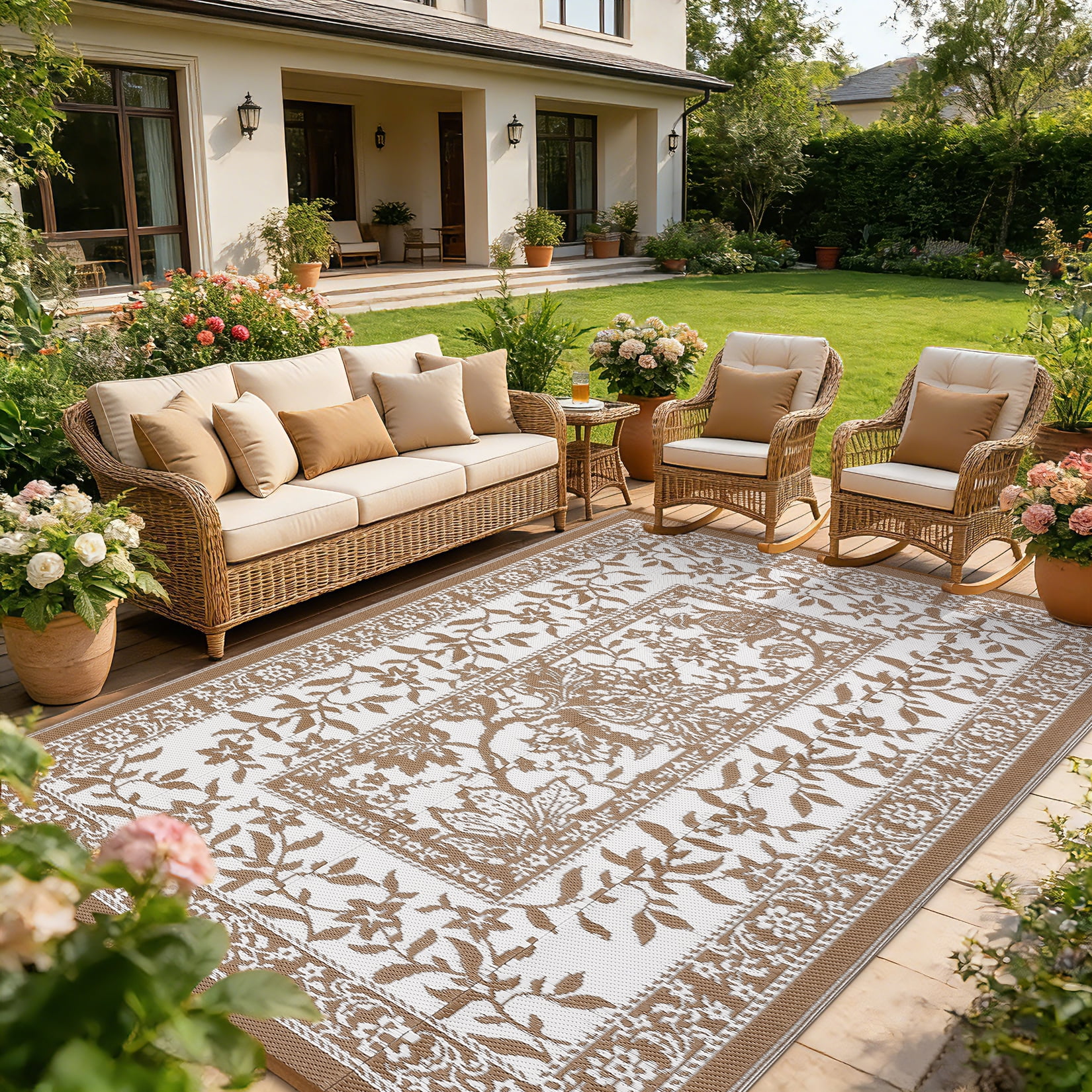 Outdoor Rug, Patio Waterproof, Reversible Plastic Straw Camping Rug, Botanical Grove Vintage Cottage core Outdoor Mat for RV, Deck, Picnic, Beach